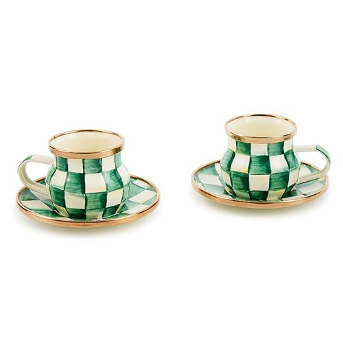 MACKENZIE-CHILDS Espresso Cup and Saucer Set, Cute Small Coffee Cups and Saucers, Set of 2, Green-and-White Emerald Check | Amazon (US)