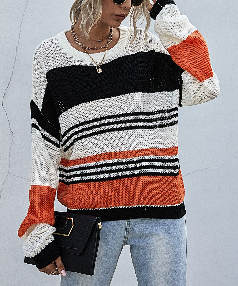 GYK Women's Sweatshirts and Hoodies orange - Orange & Black Stripe Drop-Shoulder Sweater - Women | Zulily