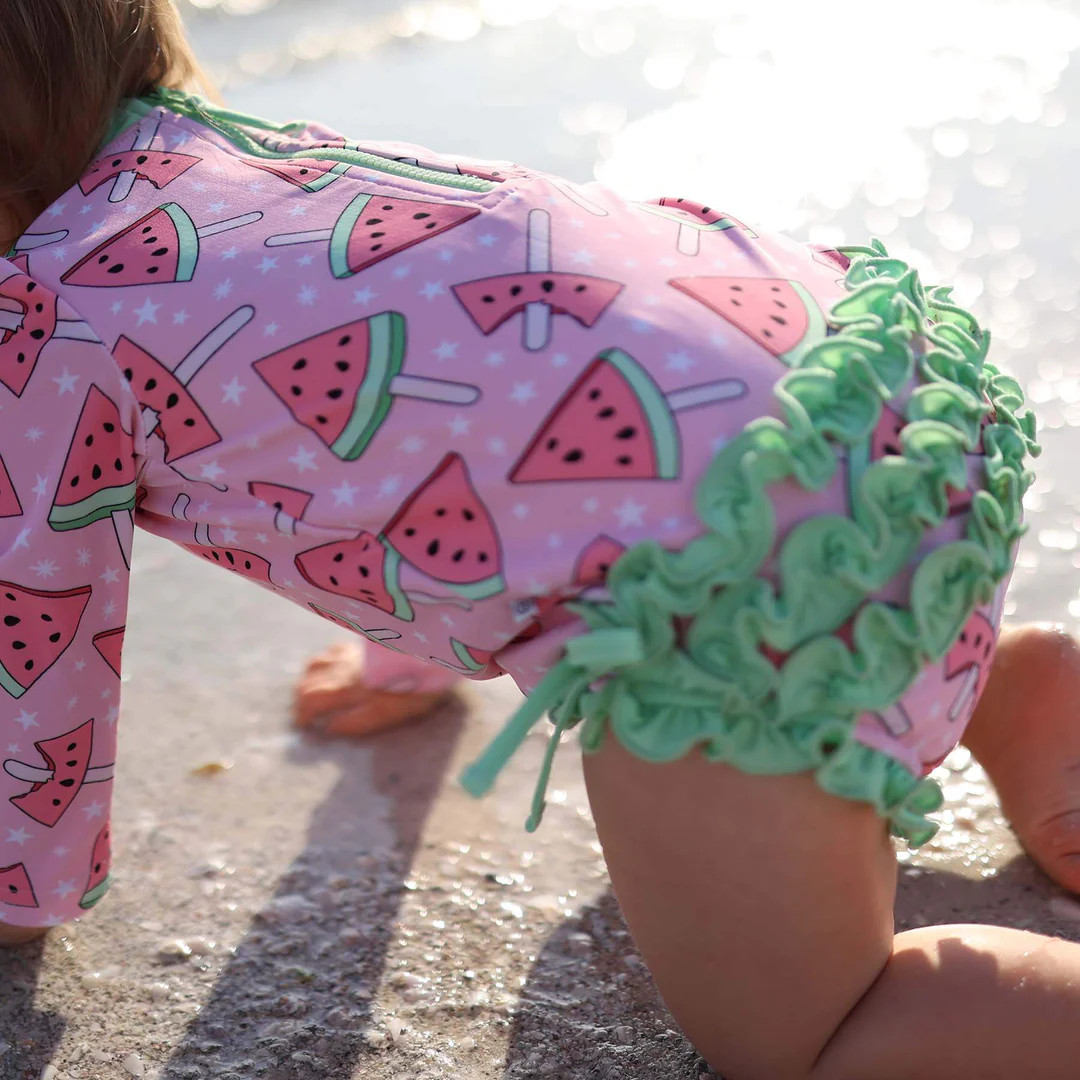 Long Sleeve Rash Guard With Ruffle Bottom | Watermelon Cutie | Caden Lane