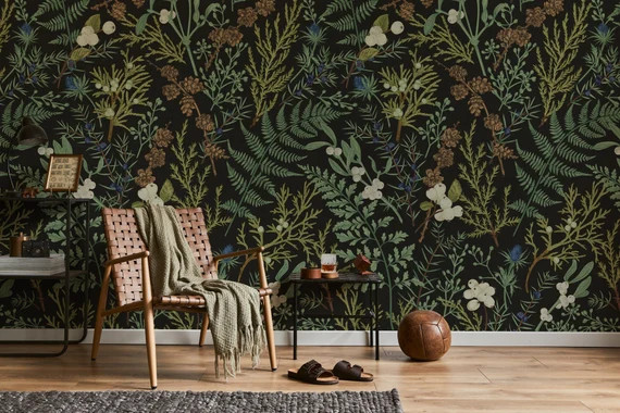 Vintage Dark Botanical Wallpaper, Peel and Stick Wallpaper, Removable Wallpaper, Botanical Wallpa... | Etsy (US)