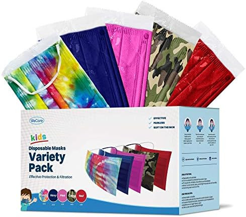WeCare Kids Disposable Face Masks, 50 Pack Variety Colors, Individually Wrapped | Amazon (US)