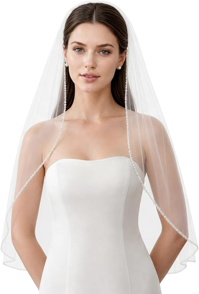 1 Tier Wedding Veil Fingertip Length with Pearls Beaded Edge | Amazon (US)