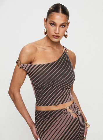 Rios One Shoulder Top Brown Stripe | Princess Polly US
