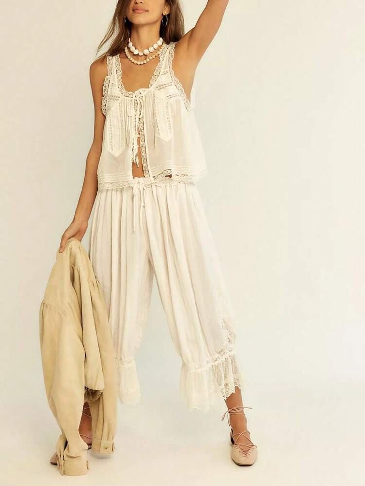 Women 2 Piece Solid Color Lace Trim Outfits Set, Sleeveless Y2K Tie Up Crop Camisole Tops With High Waist Capri Pants For Summer Fall Club Streetwear | SHEIN