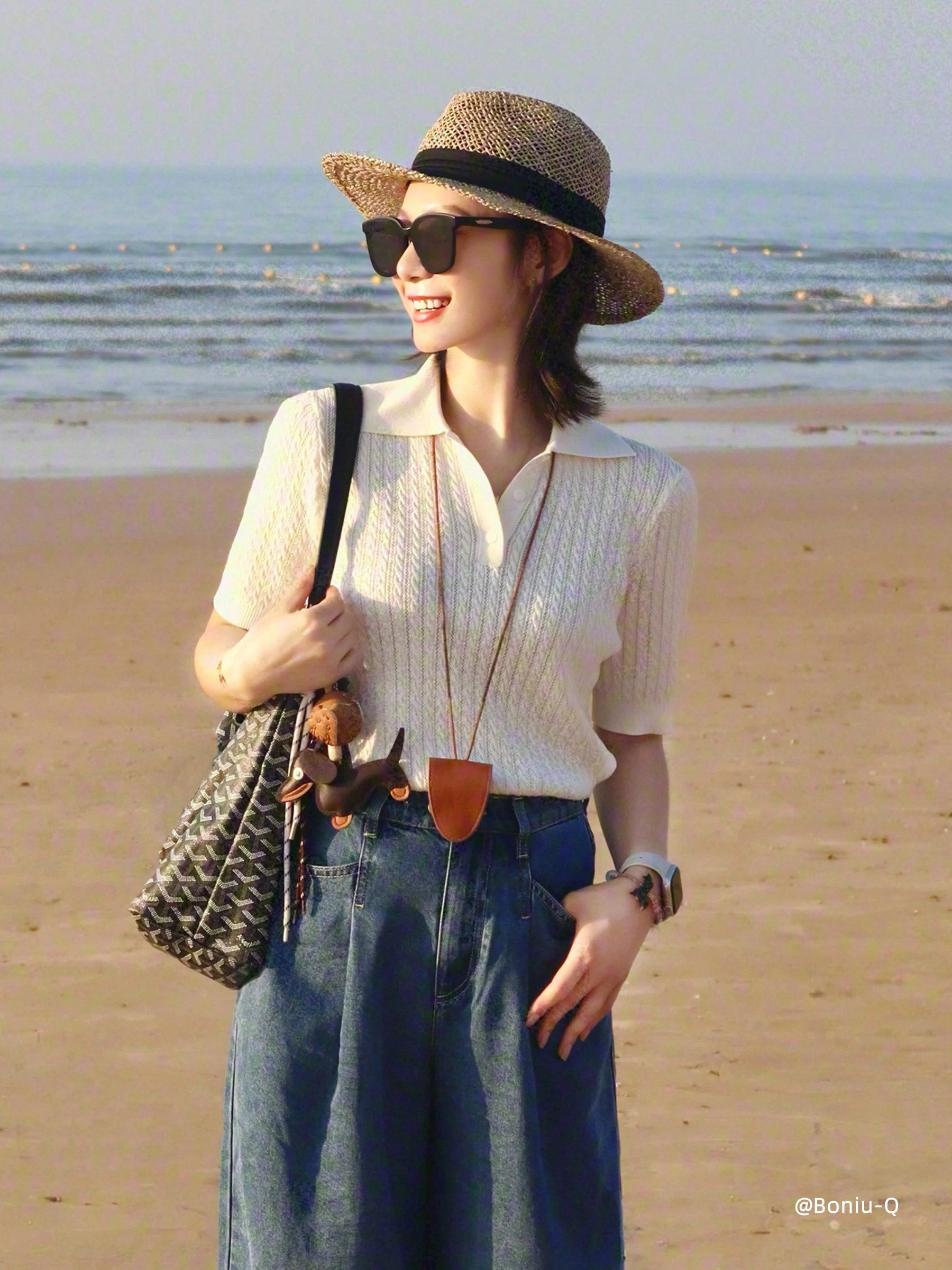 Tencel Blend Openwork Women Knit Polo Top - Off White / XS | GOELIA