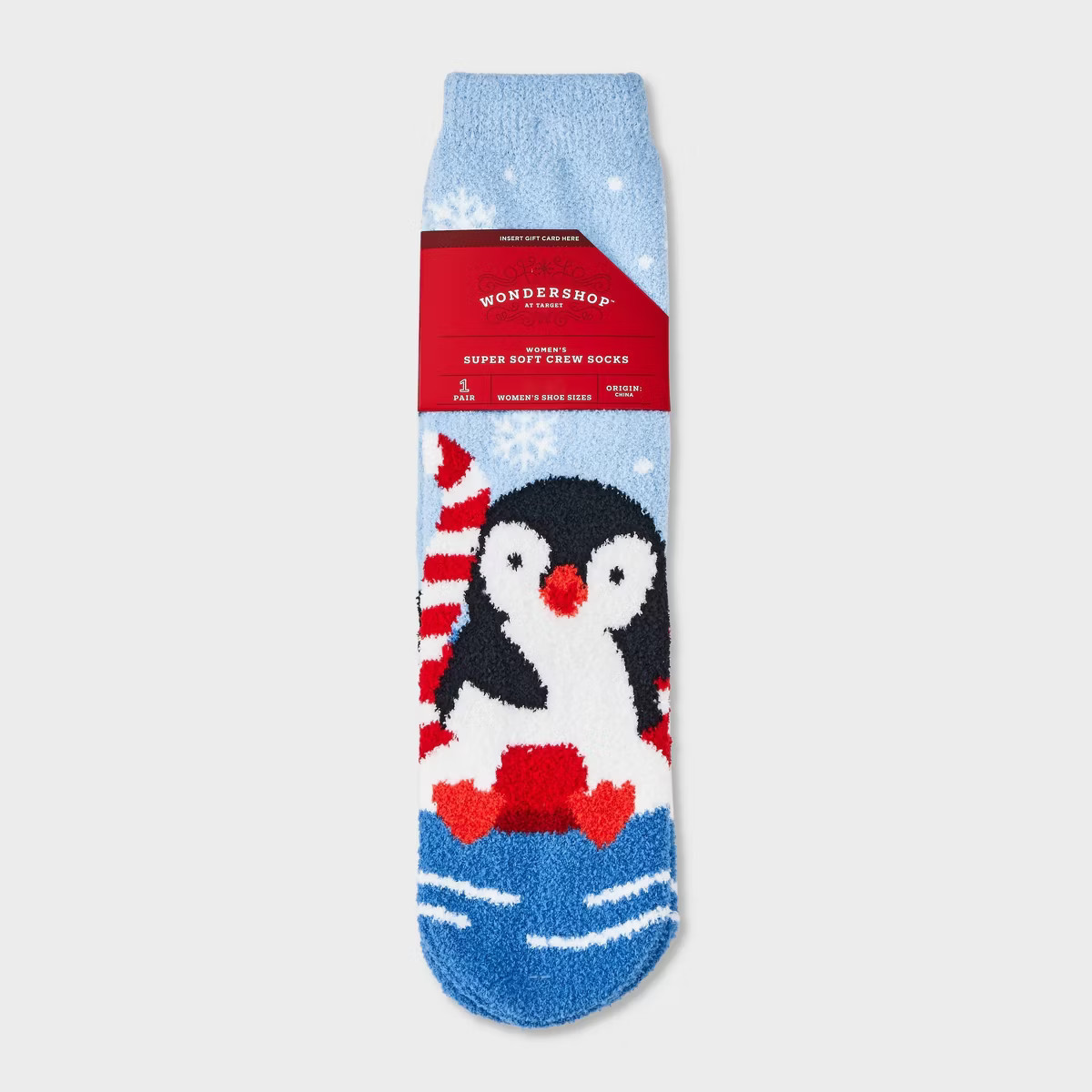 Women's Vacation Penguin Cozy Crew Socks with Gift Card Holder - Wondershop™ Light Blue 4-10 | Target