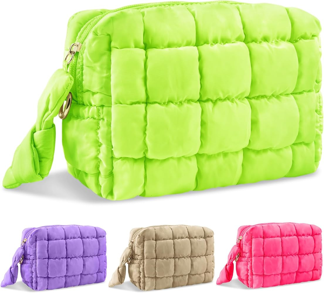 Puffer Quilted Makeup Bag Cosmetic Bags,Puffy Travel Toiletry Pouch for Women,Cute Checkered Zipp... | Amazon (US)