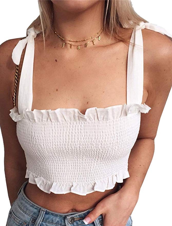 KAMISSY Women's Frill Smocked Crop Tank Top Tie Shoulder Strap Vest | Amazon (US)
