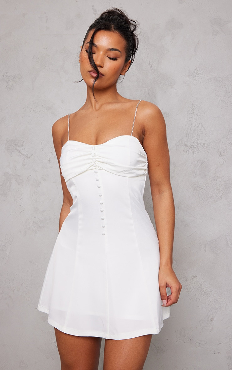 White Satin Diamante Strap Button Detail Bodycon Dress | PrettyLittleThing IE