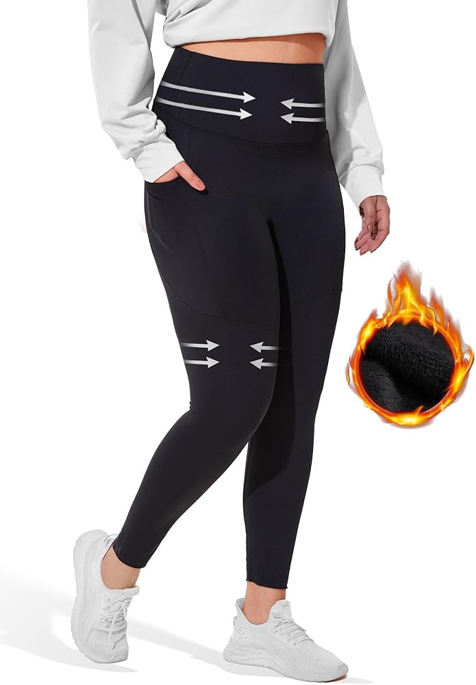 Fleece Lined Leggings for Women with Pockets, Tummy Control High Waisted Plus Size Compression Yo... | Amazon (US)