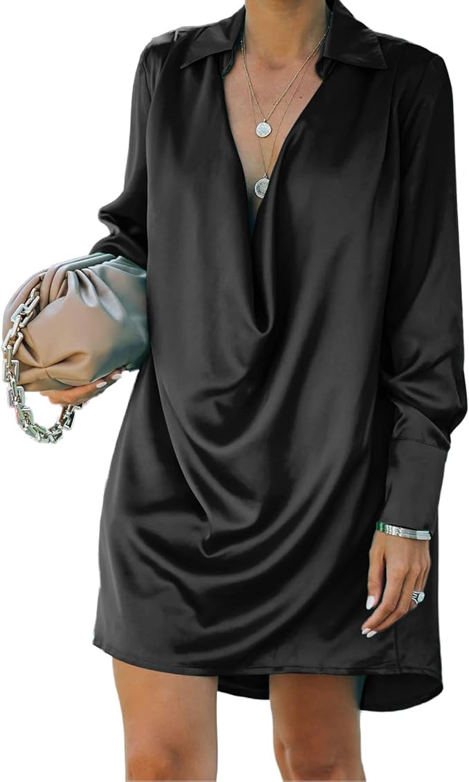 LYANER Women's Satin Collar V Neck Drape Ruched Front Flowy Long Sleeve Short Mini Dress | Amazon (US)
