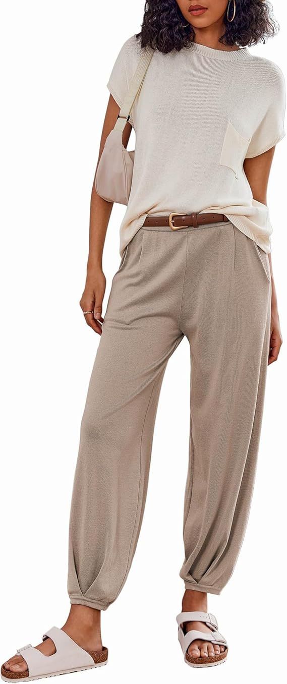 Ekouaer Women's 2 Piece Lounge Set Knit Cap Sleeve Tops and Jogger Pants Pajama Sweatsuit S-XXL | Amazon (US)