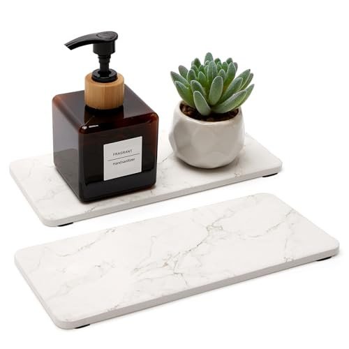 2 Pcs Water Absorbing Stone Drying Trays for Bathroom Sink Kitchen Counter Soap Dish Dispenser Sponge Holder White Ceramic Bathroom Vanity Quick Dry Stone Mat for Kitchen Sink Marble Diatomite Tray | Amazon (US)