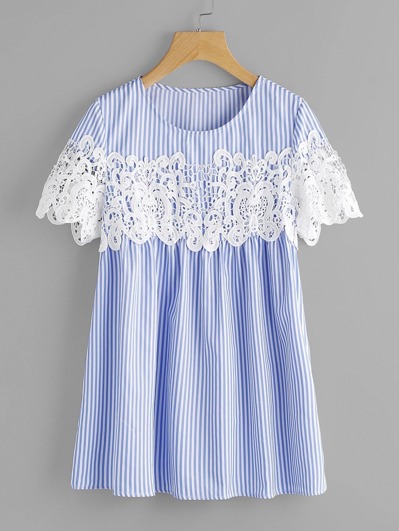 Lace Applique Striped Smock Top | SHEIN