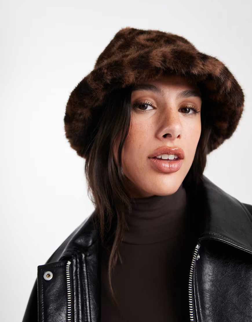 Object faux fur bucket hat in brown leopard print-Multi | ASOS (Global)