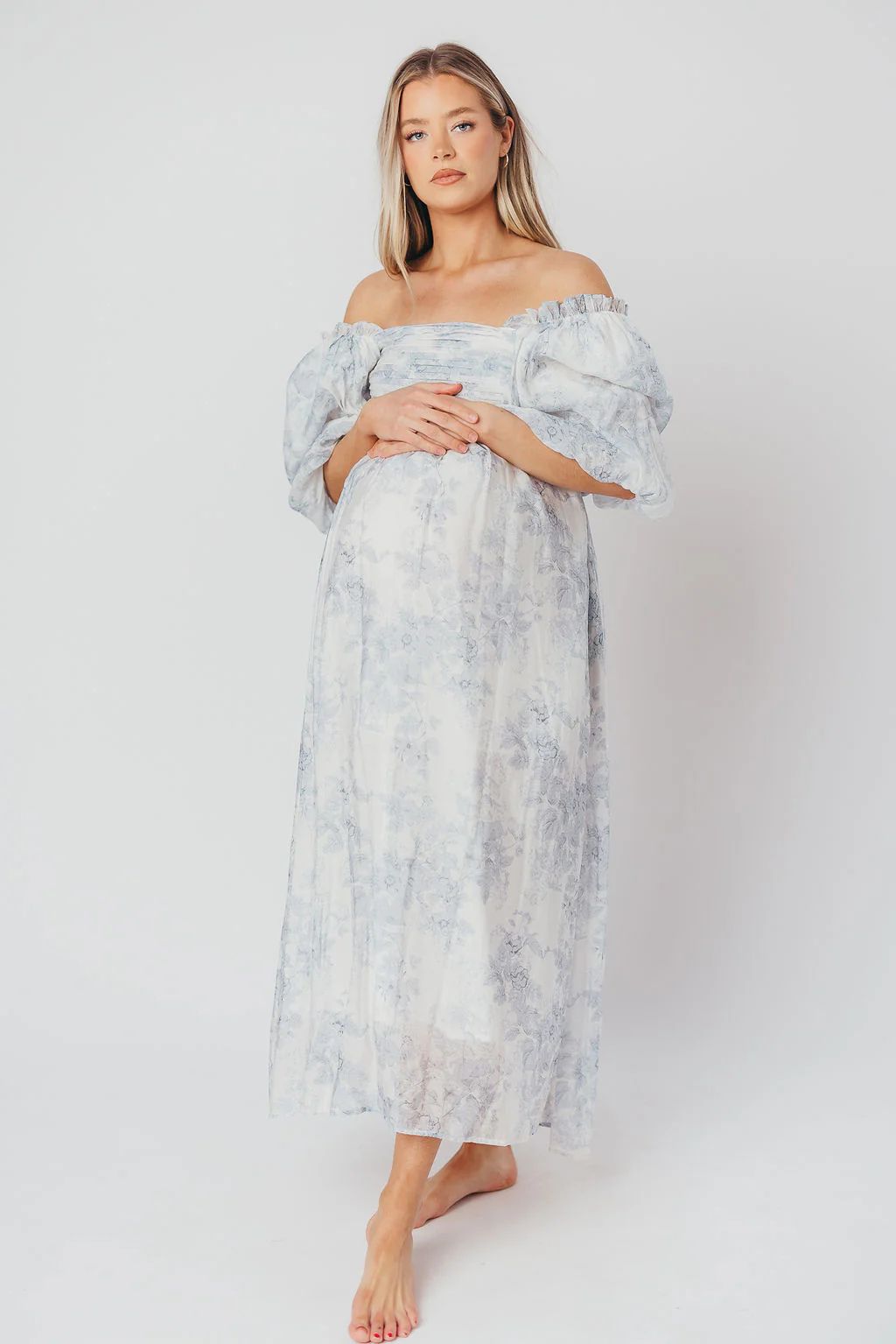 Melody Maxi Dress with Pleats and Bow Detail in Blue Floral - Bump Fri | Worth Collective