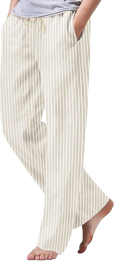 iWoo Linen Pants Men Casual 2025 Summer Beach Elastic Drawstring Waist Yoga Pants Travel Baggy Wo... | Amazon (US)
