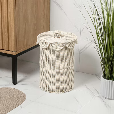 happimess Fern Modern Bohemian Resin 2.9-Gallon Cylinder Wicker Wastebasket with Scalloped Lid, White | Target