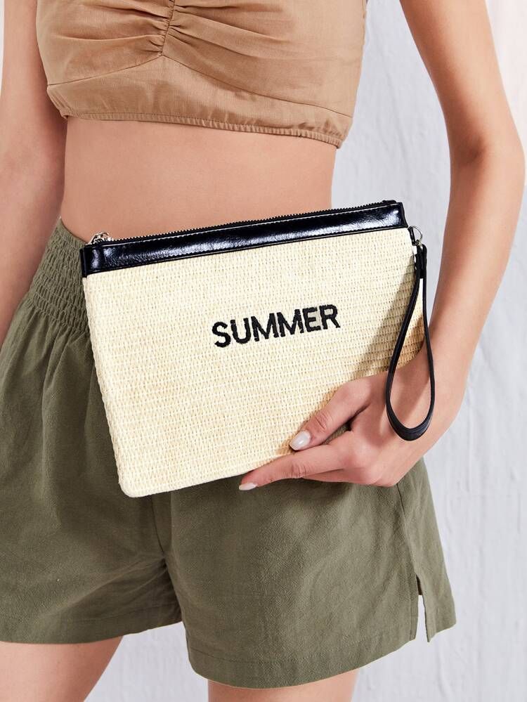 Letter Embroidery Straw Bag With Wristlet | SHEIN