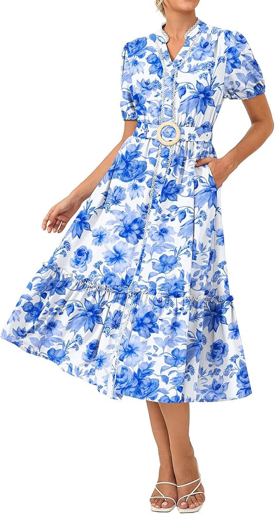 GRACE KARIN Womens Summer Floral Maxi Dress 2026 Casual Puff Short Sleeve Shirt Dress Boho Flowy ... | Amazon (US)
