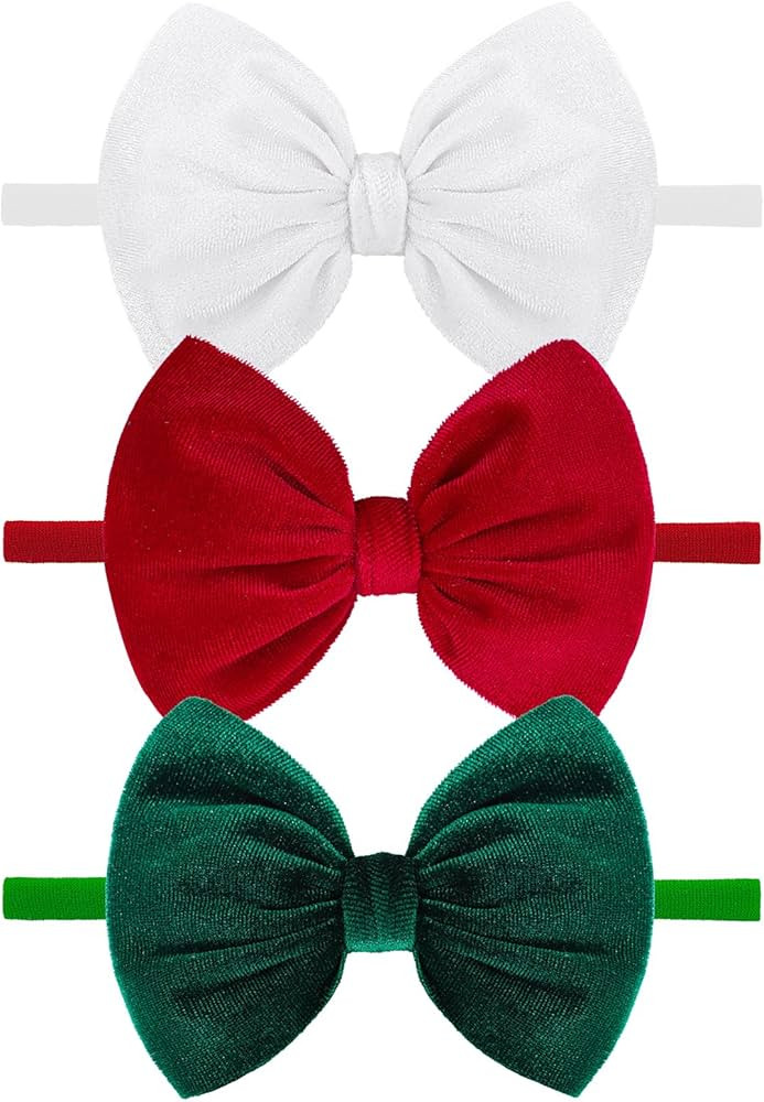 YanJie Hairband - Handmade Stretchy Nylon Hairbands with 3 Green-velvet Bows, Ideal for Baby Infa... | Amazon (US)
