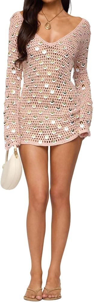 Women Crochet Mini Dress Sequin Long Sleeve V-Neck Hollow Out Bodycon Knit Cover Up Beach Summer ... | Amazon (US)