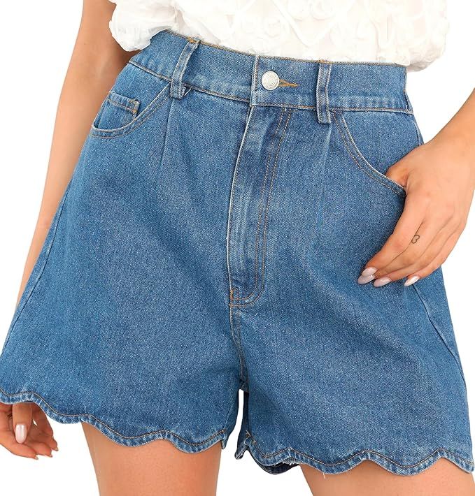 Women Casual High Waist Jean Shorts Wave Hem Trendy Flared Denim Short | Amazon (US)