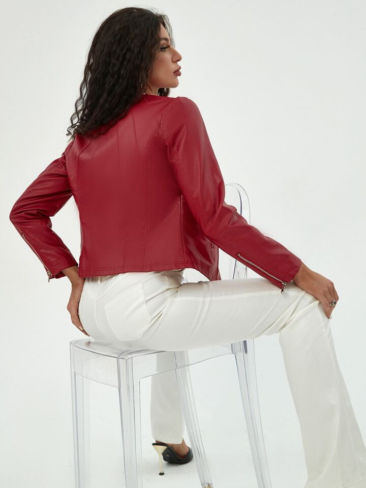 Apperloth A Vintage Multi Pockets Zip Up PU Leather Moto Jacket | SHEIN