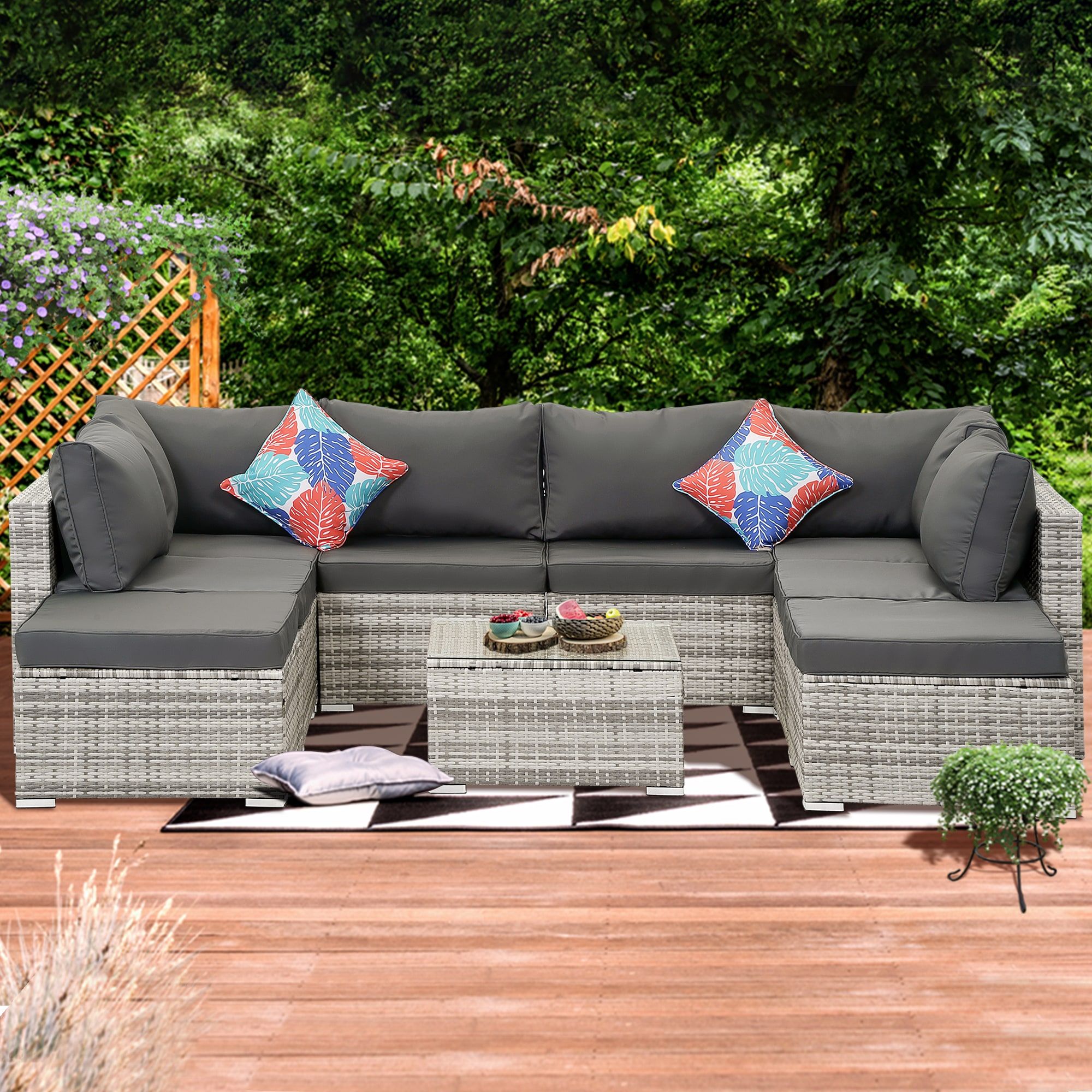 FOREST HOME Patio conversation set 7-Piece Rattan Patio Conversation Set with Gray Cushions | Lowe's