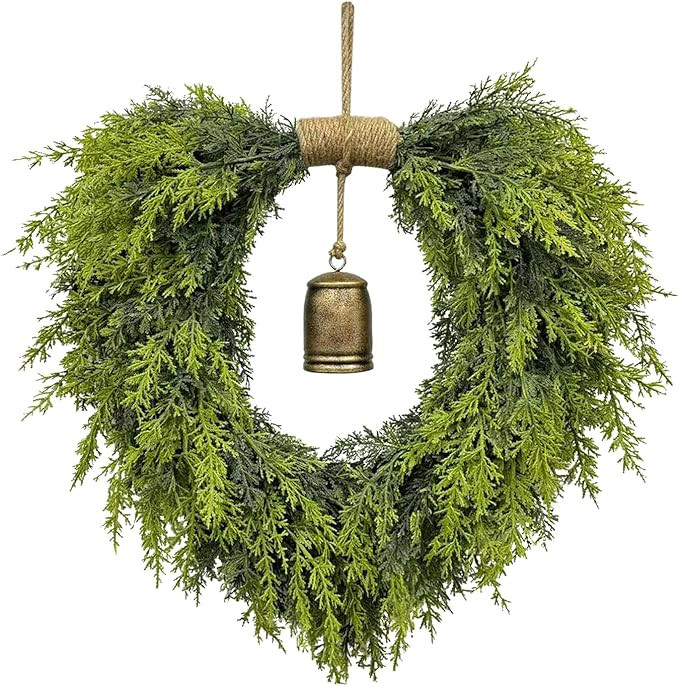20" Heart-Shaped Wreath for Front Door – Faux Greenery with Rustic Bell – Waterproof & Fade-R... | Amazon (US)