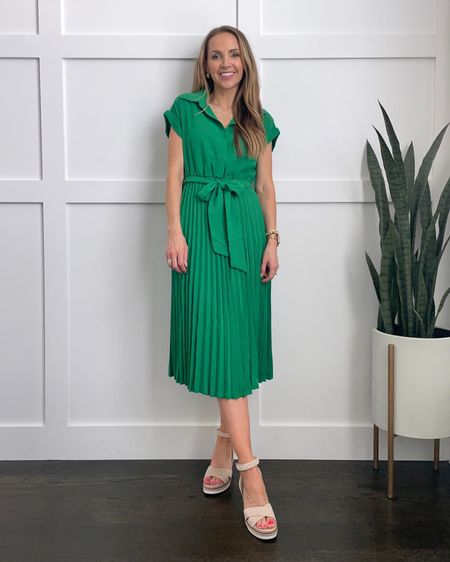 Summer work office look @amazon green pleated dress (wearing size small), wedges, accessories (use code MERRICK for 20% off)

#LTKunder50 #LTKwedding #LTKworkwear