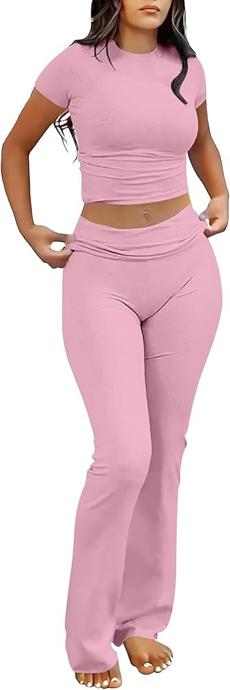 ANRABESS Lounge Sets for Women 2 Piece Foldover Yoga Flare Leggings Pants Crop Tops Casual Y2K Ou... | Amazon (US)