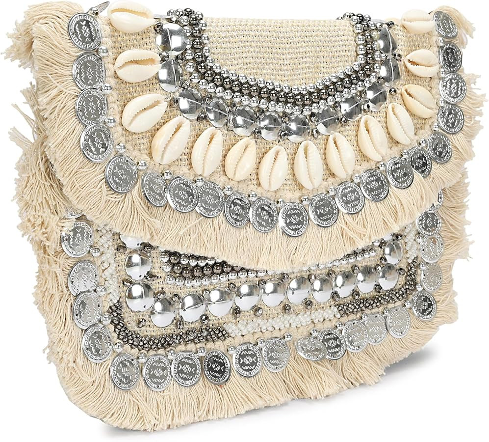 LONGING TO BUY Woven Clutch with Shell and Coin Embellishments, Chain Strap Crossbody Bag For Wom... | Amazon (US)