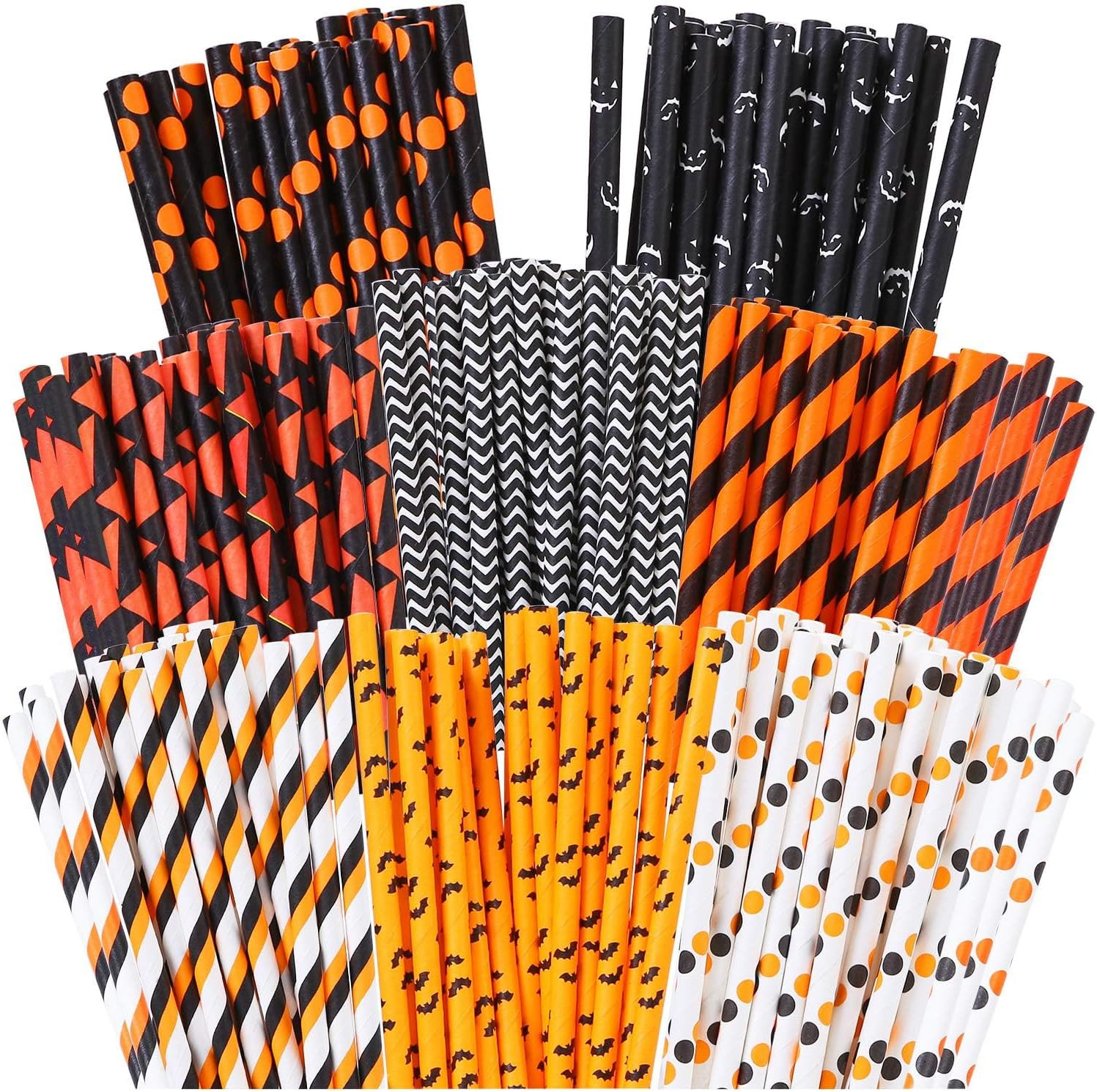 200 Pieces Halloween Paper Straws Pumpkin Bat Spider Web Pattern Straws Black Orange Biodegradable Paper Drinking Straws for Halloween Party Favors, 8 Styles | Amazon (US)