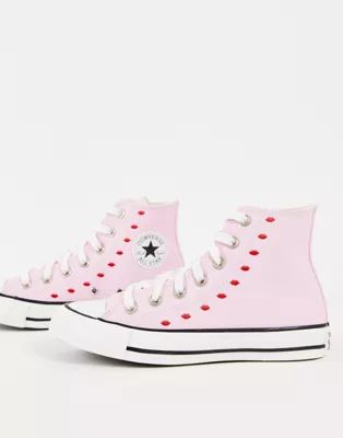 Converse Chuck Taylor Hi trainers in pink with lip embroidery | ASOS (Global)