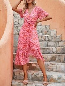 HomeWomen ClothingWomen DressesFloral Puff Sleeve Belted Wrap Dress | SHEIN