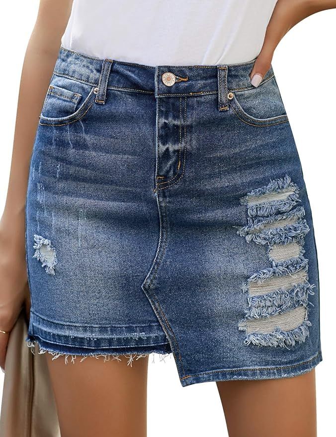 luvamia Women's Casual Mid Waisted Washed Frayed Pockets Denim Jean Short Skirt | Amazon (US)