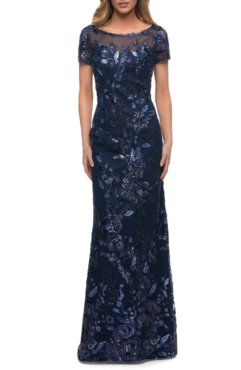 Sequin Floral Short Sleeve Sheath Gown | Nordstrom