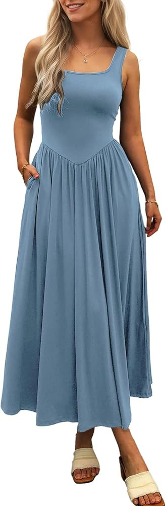 Women's Summer Maxi Dress 2026 - Sleeveless Square Neck Casual Beach Sundress with Pockets, Flowy... | Amazon (US)