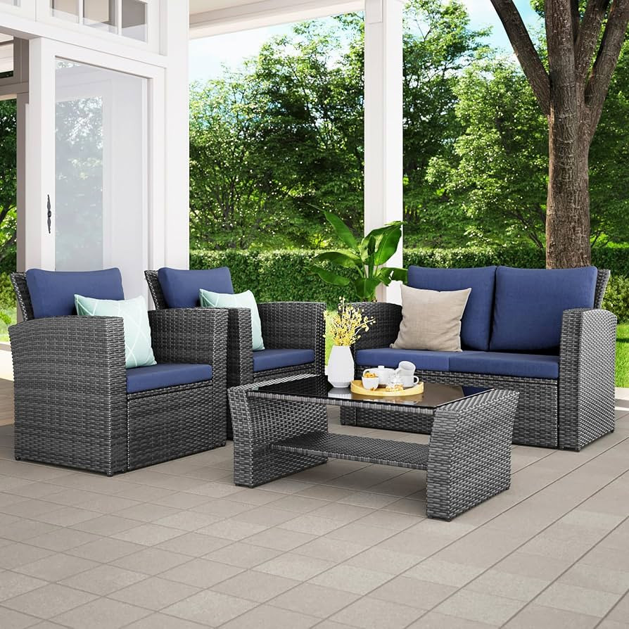 Wisteria Lane 4 Piece Outdoor Patio Furniture Sets, Wicker Conversation Set for Porch Deck, Grey ... | Amazon (US)