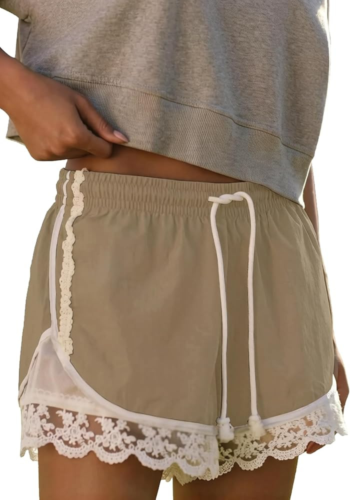 Womens Lace Trim Drawstring Shorts Casual Elasticated Summer Y2K Beach Bottoms Athletic Shorts | Amazon (US)