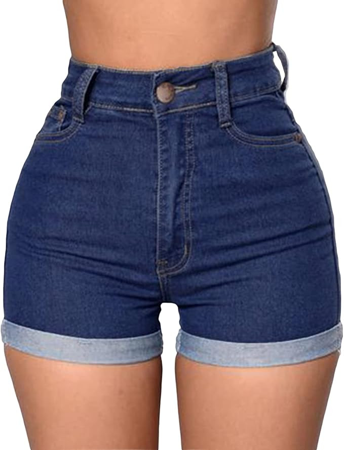 Romastory Women's High Waisted Summer Elastic Jean Shorts Folded Hem Hot Denim Shorts for Women | Amazon (US)