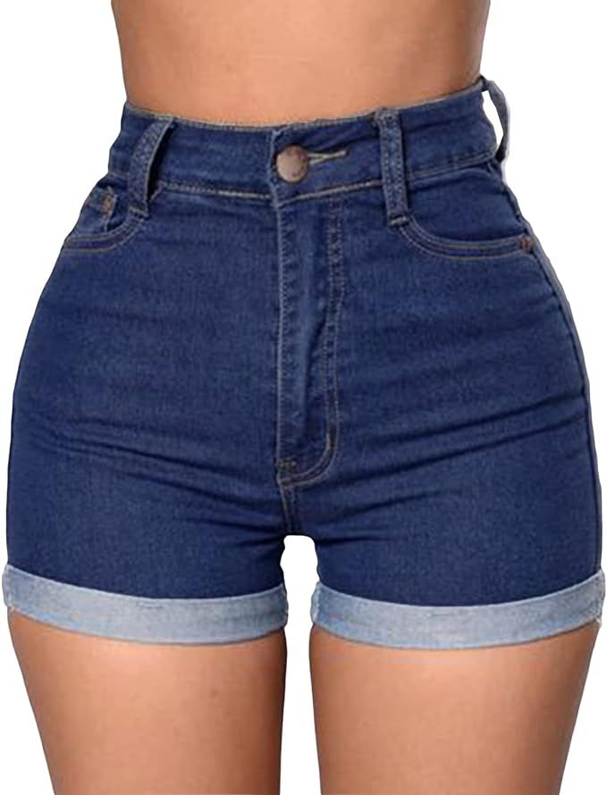 Romastory Women's High Waisted Summer Elastic Jean Shorts Folded Hem Hot Denim Shorts for Women | Amazon (US)