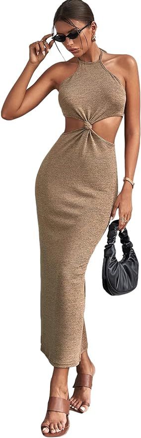 SOLY HUX Women's Cut Out Knot Front Tie Back Halter Sleeveless Long Maxi Dress | Amazon (US)