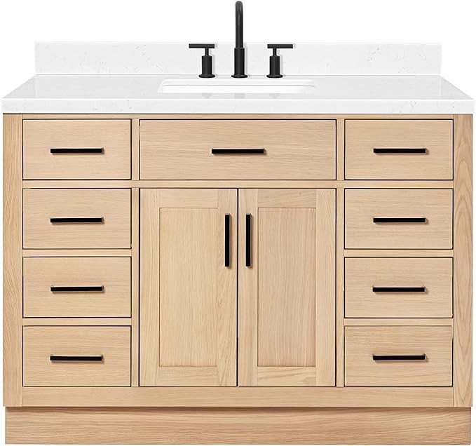 ARIEL 48" Inch Bathroom Vanity with Sink, American Oak Solid Wood, 1.5 inch Edge Carrara White Qu... | Amazon (US)