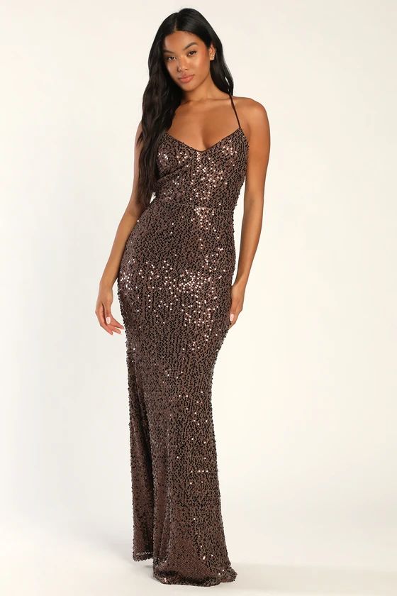 Delightful Dazzle Brown Sequin Lace-Up Sleeveless Maxi Dress | Lulus (US)