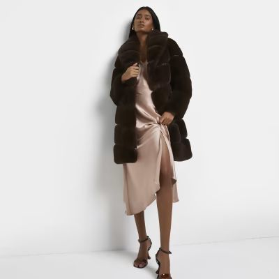 Brown faux fur paneled coat | River Island (UK & IE)