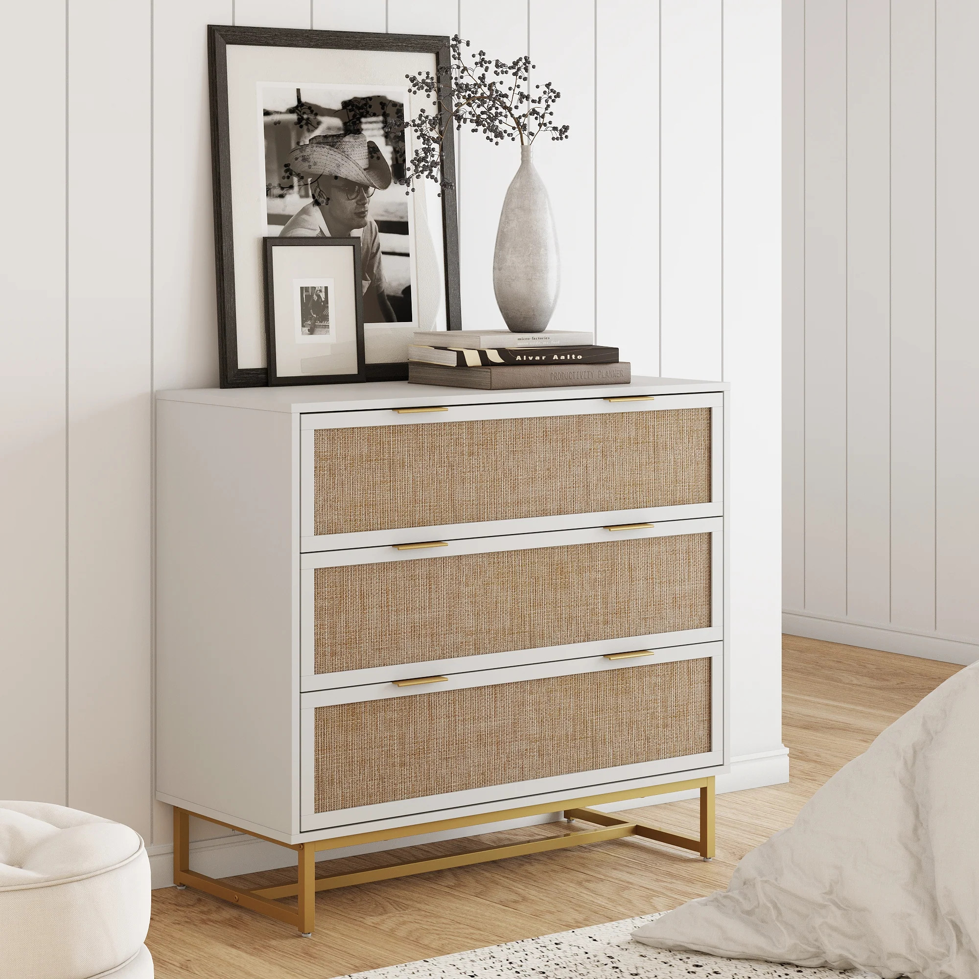 Rattan, Wood & Metal 3-Drawer Dresser White | Nathan James