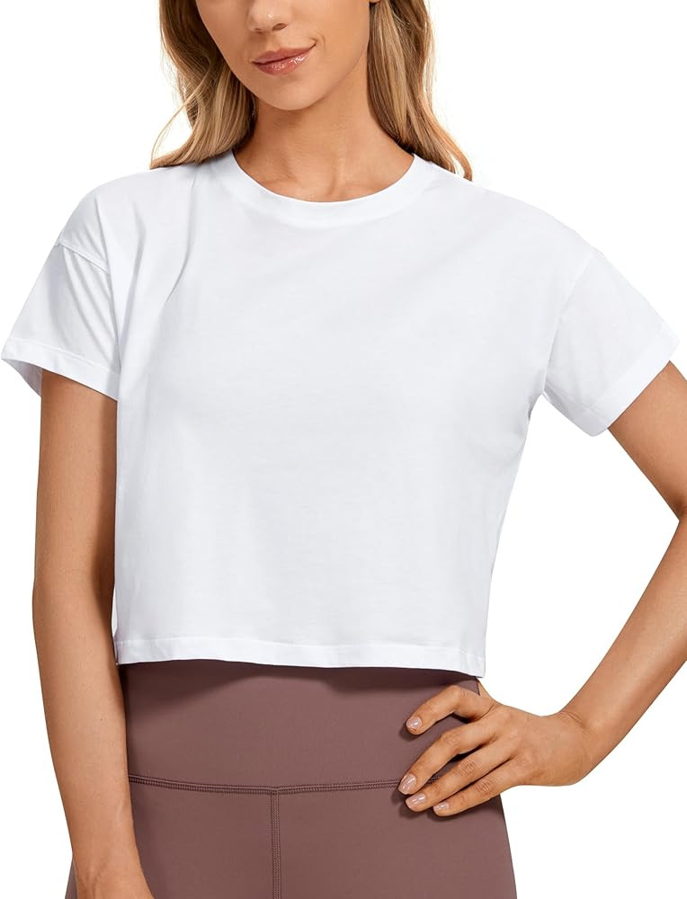CRZ YOGA Women's Pima Cotton Workout Short Sleeve Shirts Loose Athletic Crop Tops Gym Casual Crop... | Amazon (US)