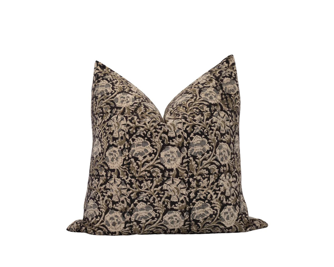 MAYA Black Floral Pillow Cover Block Print Pillow Moody Floral Pillow Olive Floral Pillow Modern ... | Etsy (US)